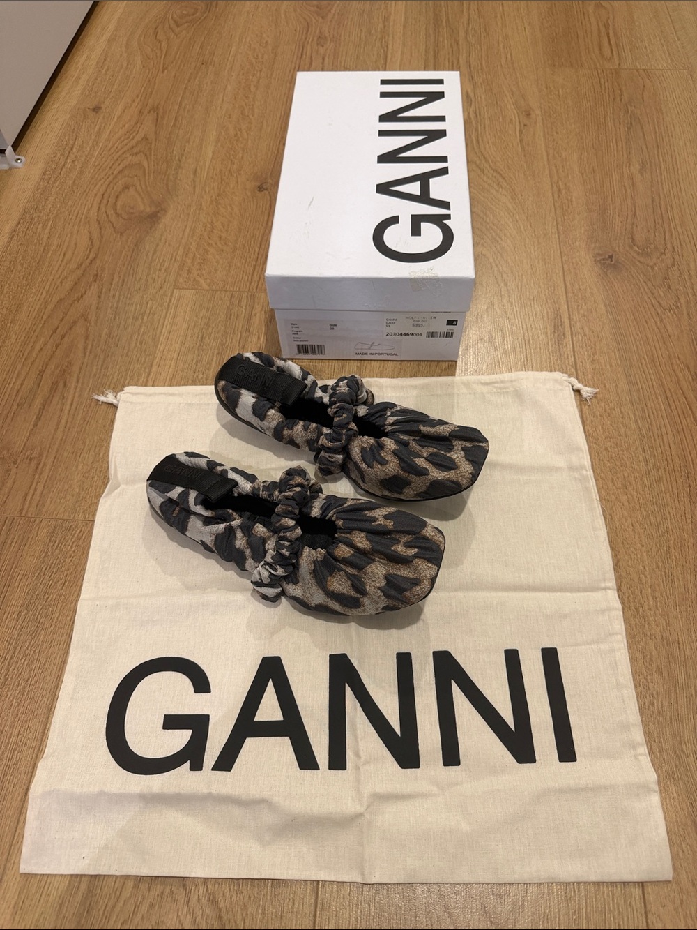 GANNI Ruched Leopard-Print Twill Ballet Flats
